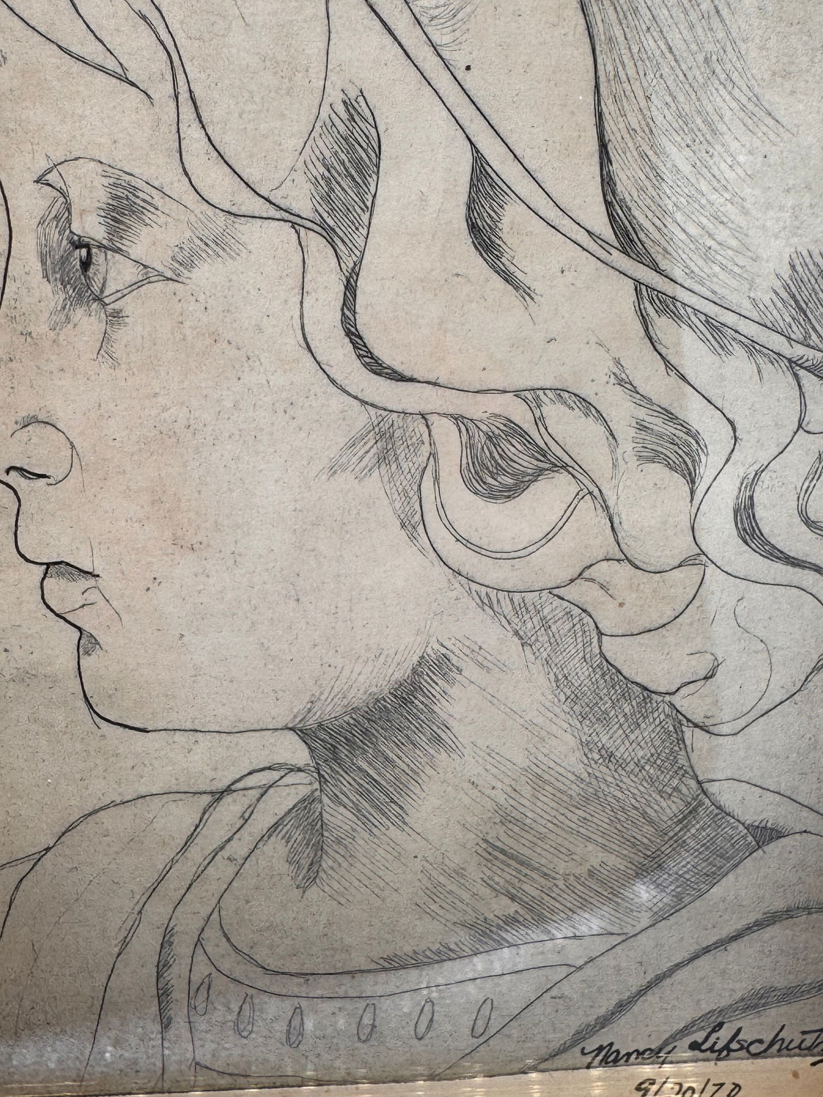 1970s Framed and Signed Pencil Portrait of a Greek Woman - 7