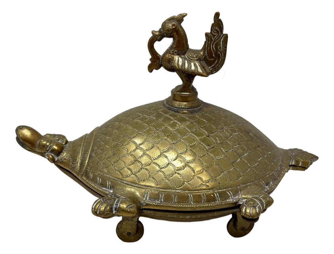 Brass Turtle Vintage Trinket Box With Peacock Finial (1 of 9)