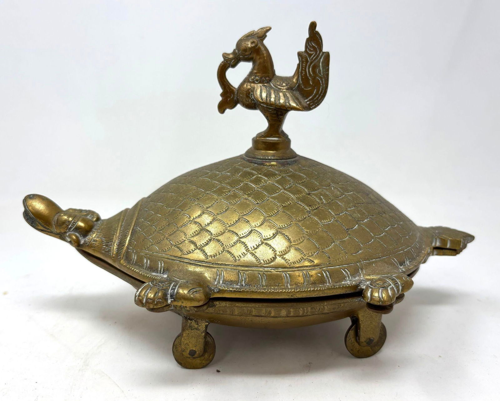 Brass Turtle Vintage Trinket Box With Peacock Finial - 3