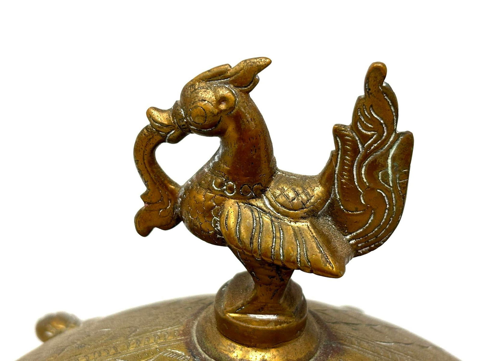 Brass Turtle Vintage Trinket Box With Peacock Finial - 9