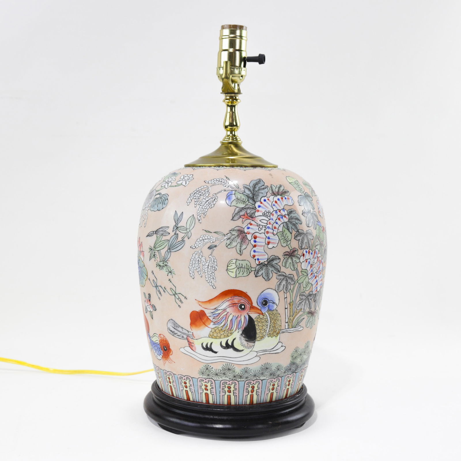 Large Vintage Chinese Porcelain Table Lamp With Mandarin Ducks and Floral Motif - 11