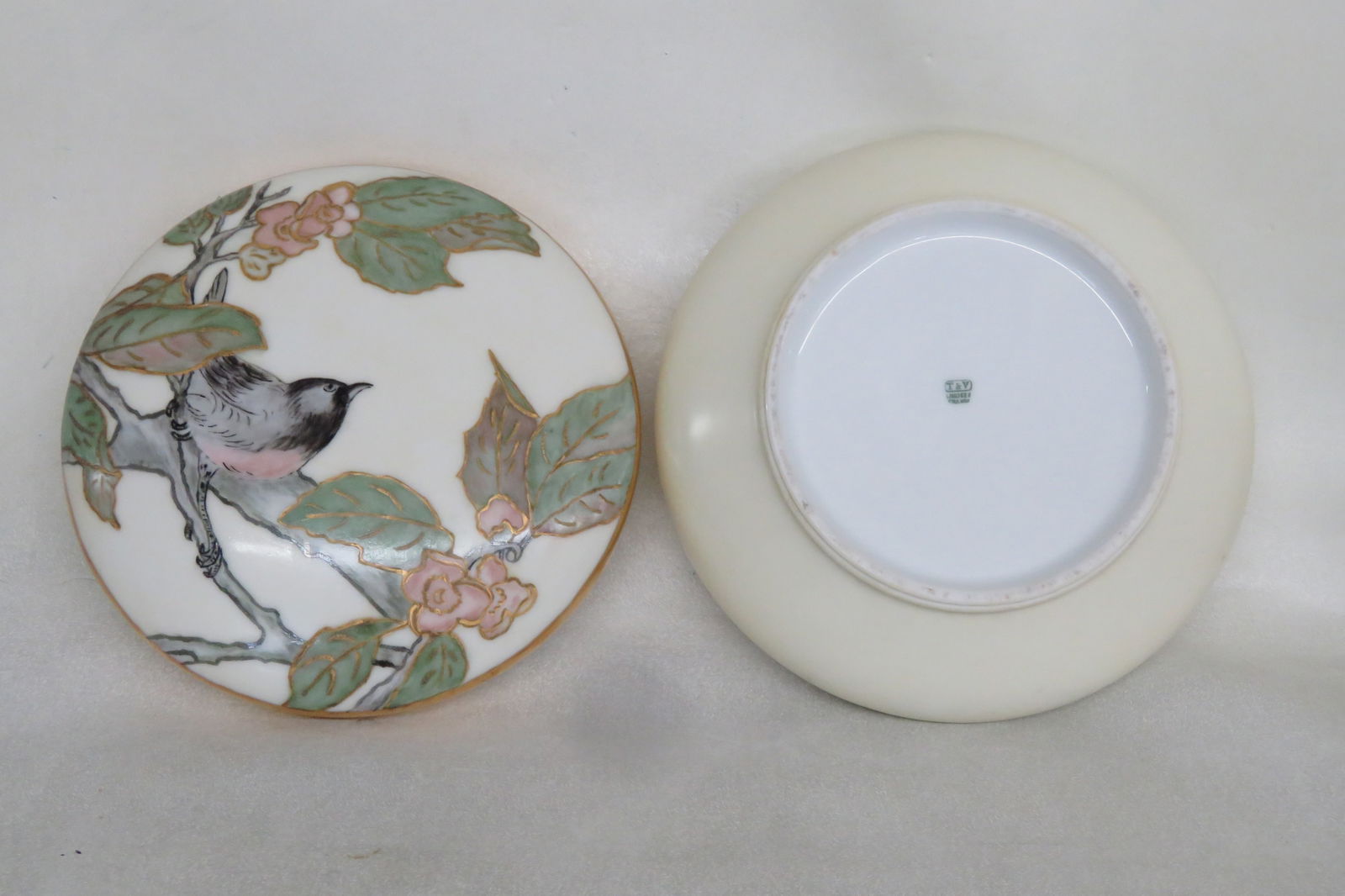 Limoges T and v Hand Painted Bird on a Brunch Large Round Vanity Candy Box 4386b - 7
