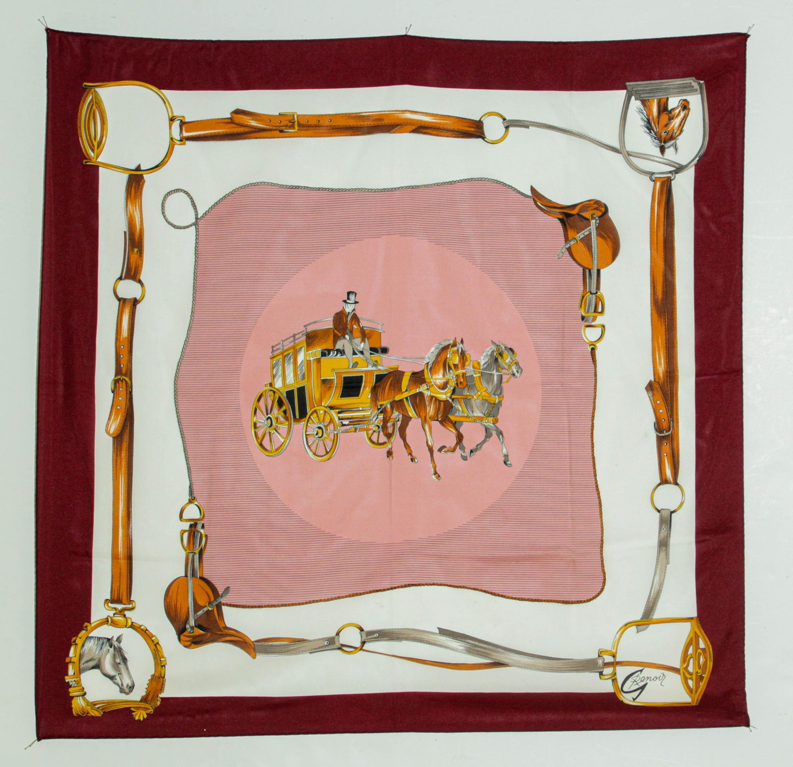 Vintage Pink Scarf with Equestrian Royal Horse Carriages Motif - 11