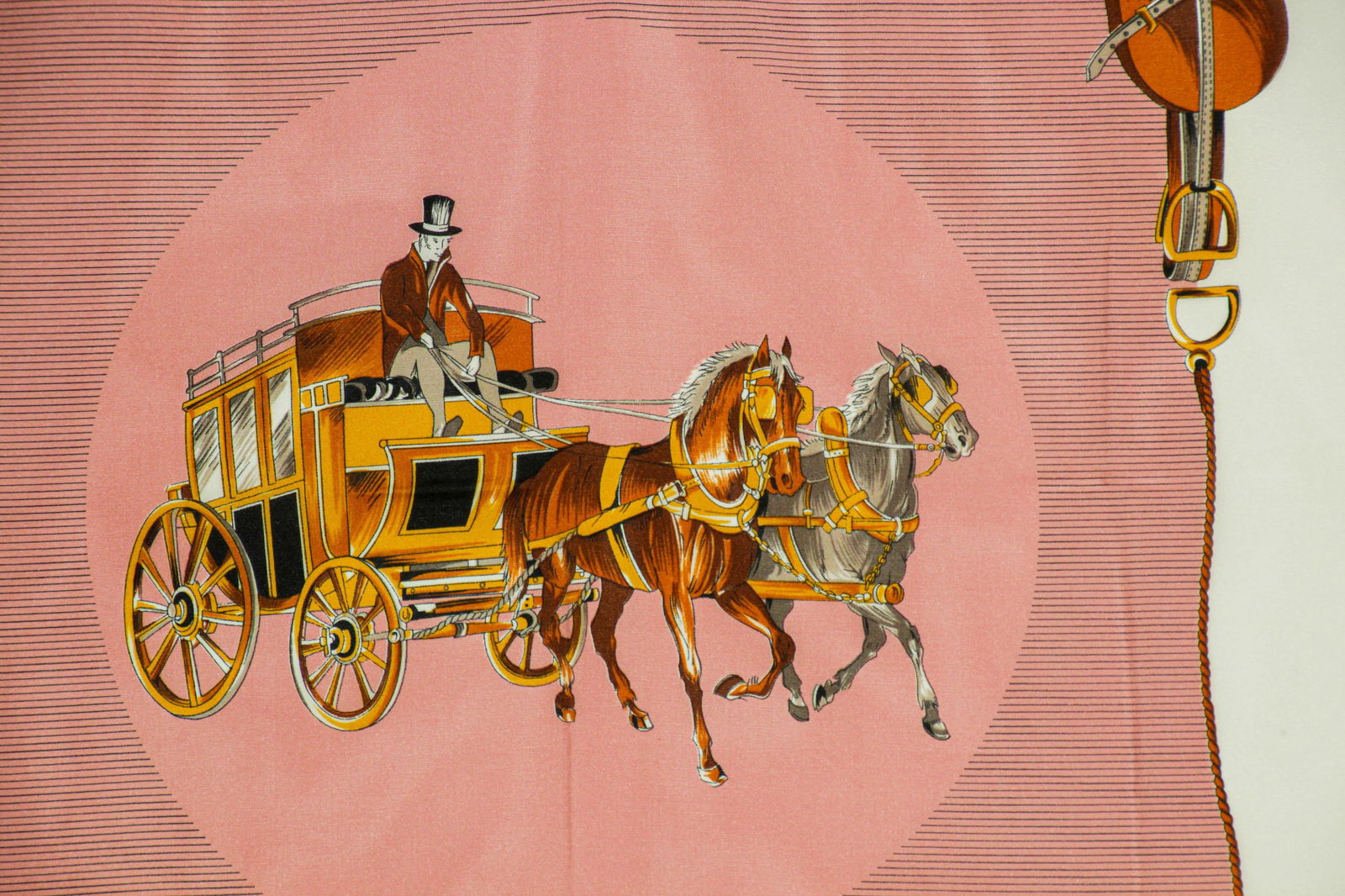 Vintage Pink Scarf with Equestrian Royal Horse Carriages Motif - 12