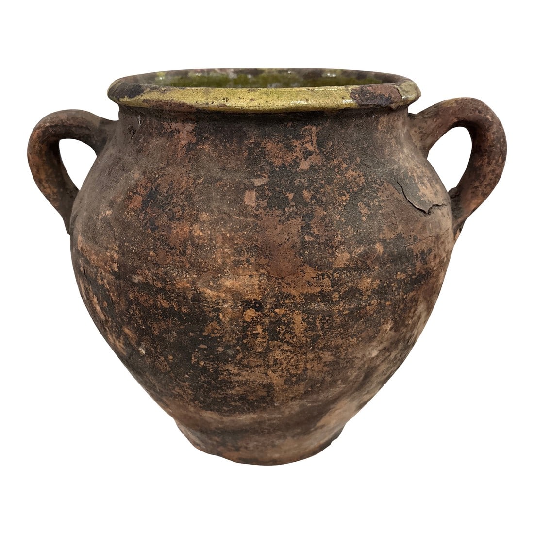 Early 20th Century Turkish "Tulip" Jar With Moss Green Glaze: A terra cotta Turkish "Tulip" Jar with moss green glaze from the early 20th century. There is a strong patina of this jar's age. This will be perfect on your patio or in your garden for flowers or