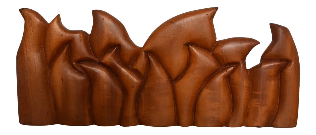 1999 Victor Rozo Last Supper Abstract Wood Sculpture Mexico Df: AMBIANIC presents Modern Sculpture Last Supper Victor Rozo La Ultima Cena Hand carved solid wood Oiled Wood. Signed Victor Rozo 1999 Mexico DF 1 thick x 8 h x 19 w Original Preowned Vintage