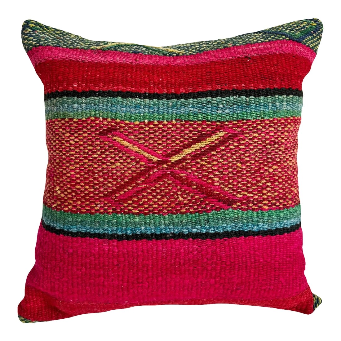 Cusco Frazada Peruvian Pillow: Colorful unique pillow made from original Peruvian blankets known as Frazadas from the Cusco area of the Andes. Frazadas, also commonly called mantas, are hand woven wool textile blankets, and are