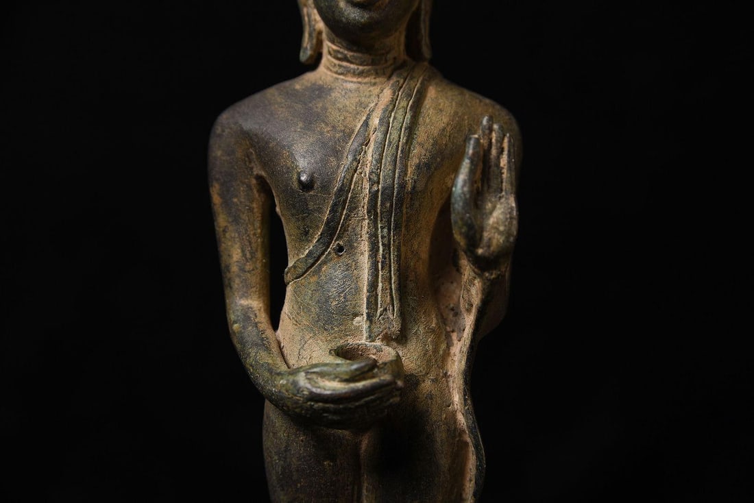 Late 19th Century Antique Bronze Northern Thai Bronze Walking Buddha on Wooden Stand - 10
