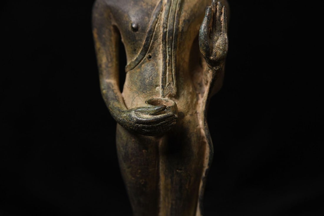 Late 19th Century Antique Bronze Northern Thai Bronze Walking Buddha on Wooden Stand - 11