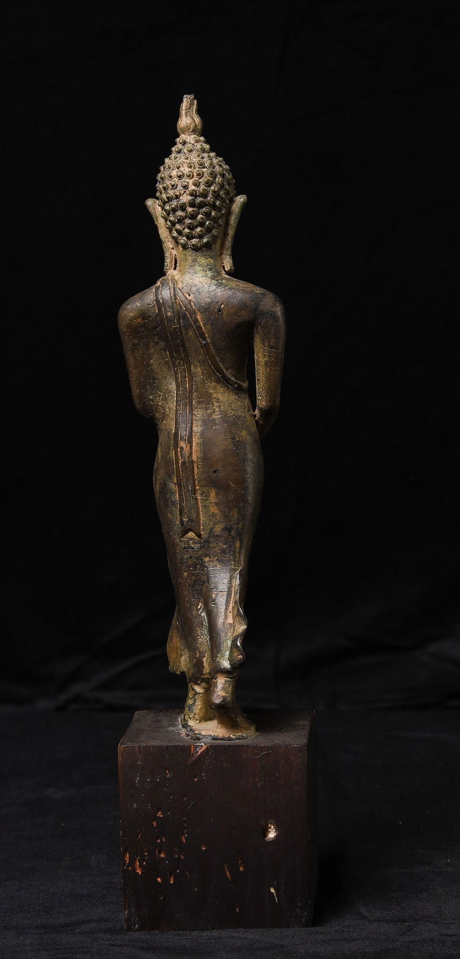 Late 19th Century Antique Bronze Northern Thai Bronze Walking Buddha on Wooden Stand - 12