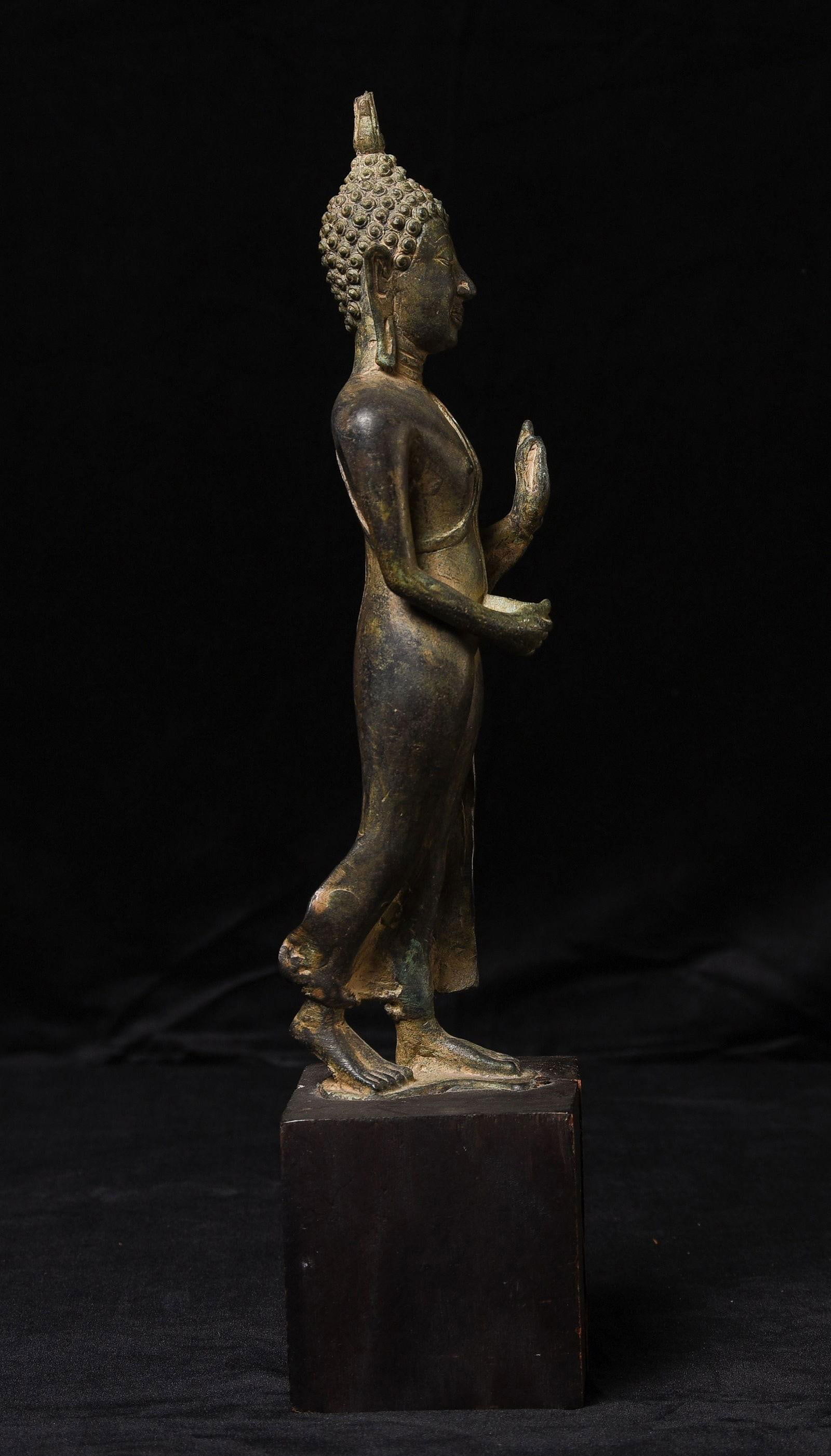 Late 19th Century Antique Bronze Northern Thai Bronze Walking Buddha on Wooden Stand - 3