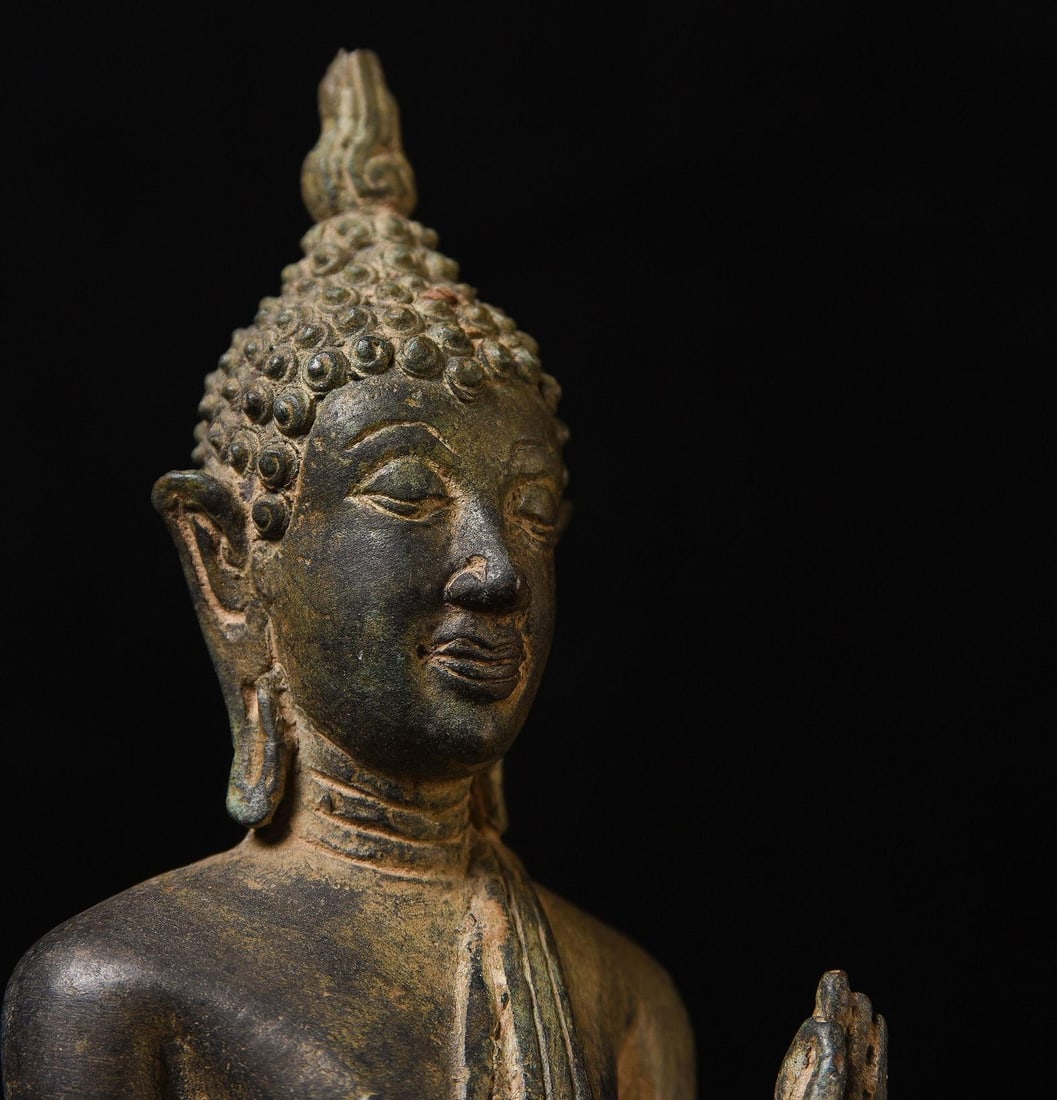 Late 19th Century Antique Bronze Northern Thai Bronze Walking Buddha on Wooden Stand - 4