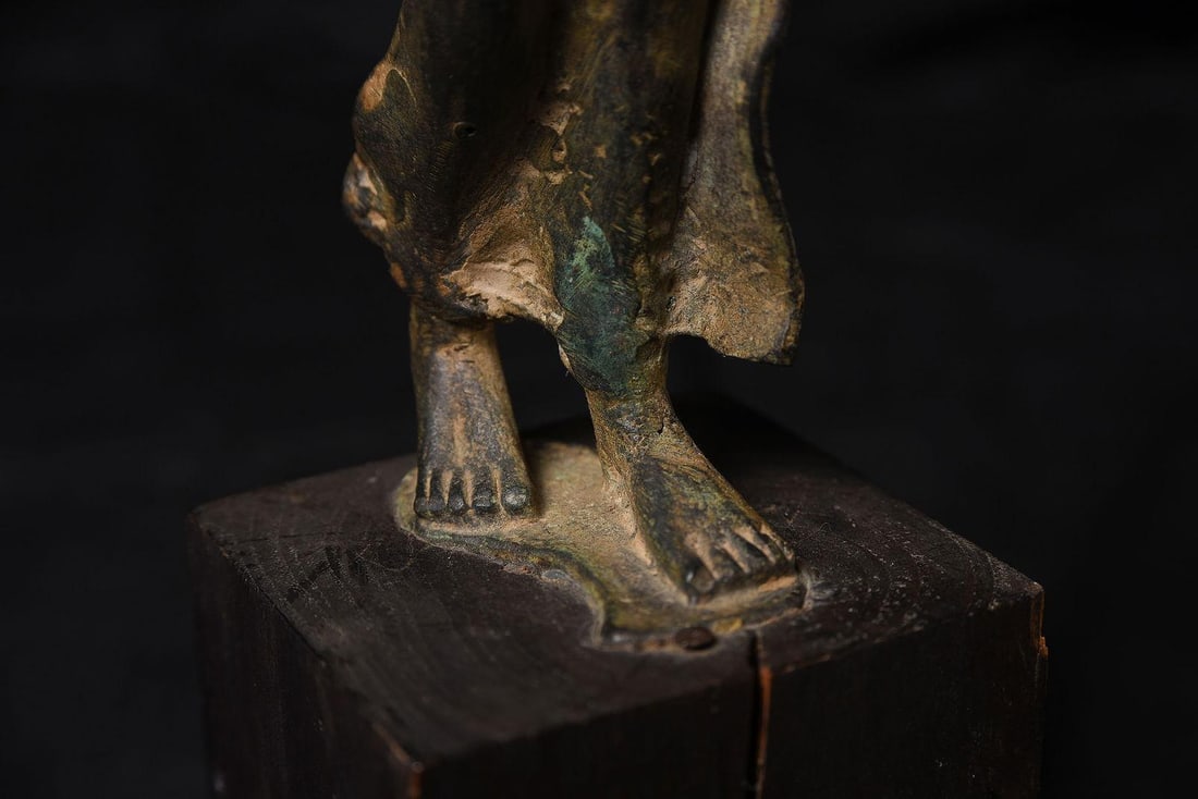 Late 19th Century Antique Bronze Northern Thai Bronze Walking Buddha on Wooden Stand - 5