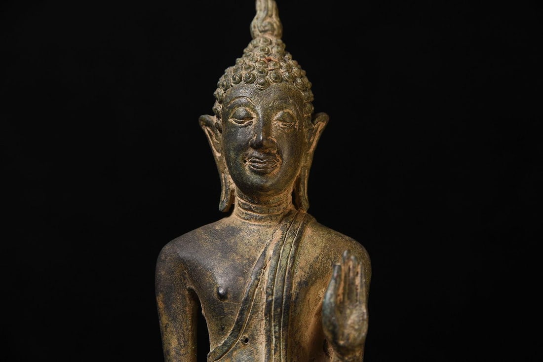 Late 19th Century Antique Bronze Northern Thai Bronze Walking Buddha on Wooden Stand - 7