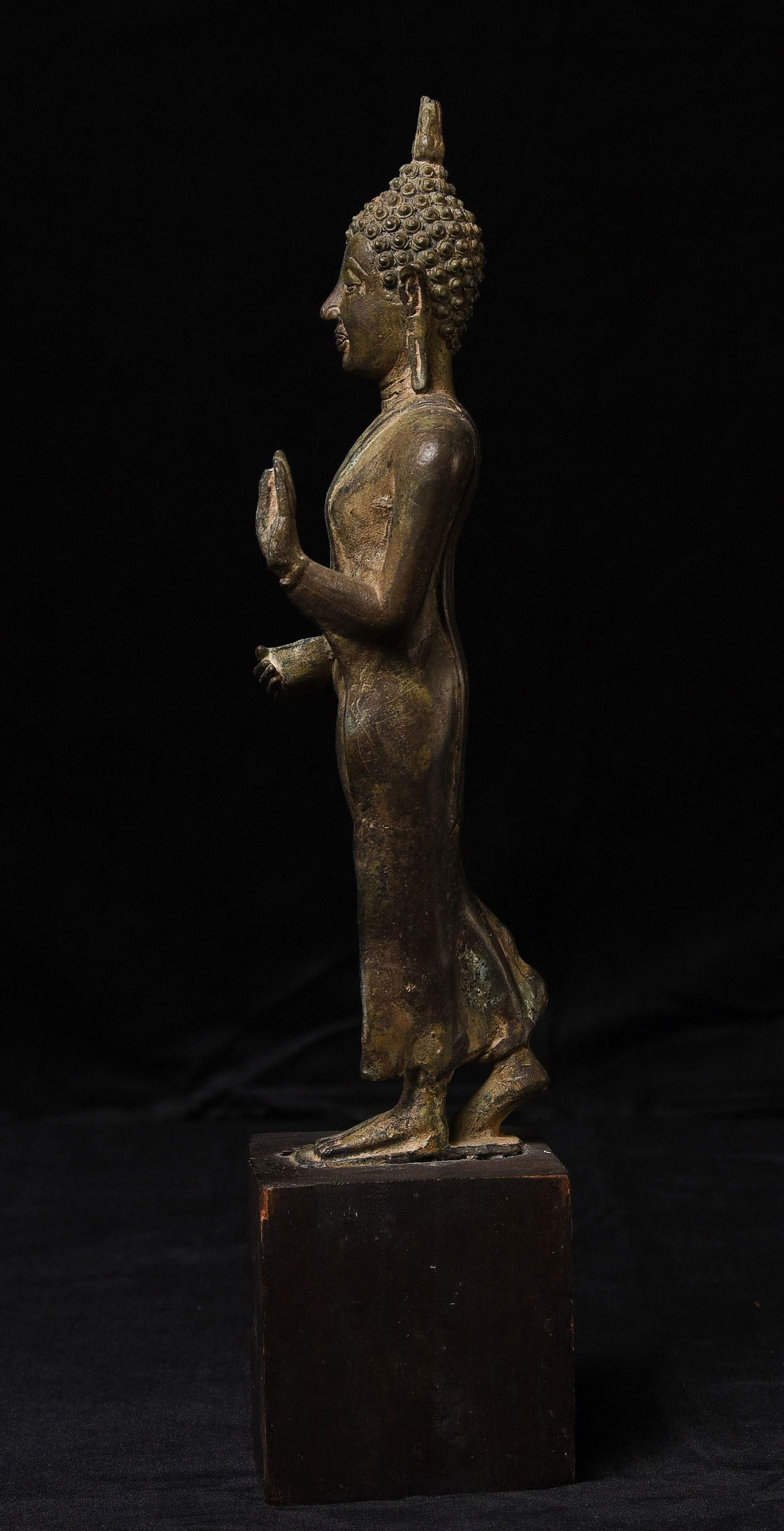 Late 19th Century Antique Bronze Northern Thai Bronze Walking Buddha on Wooden Stand - 9
