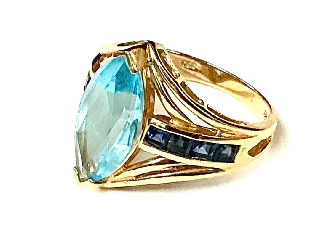Light Blue Topaz With Dark Blue Topaz Baguettes 14k Yellow Gold Ring - 2