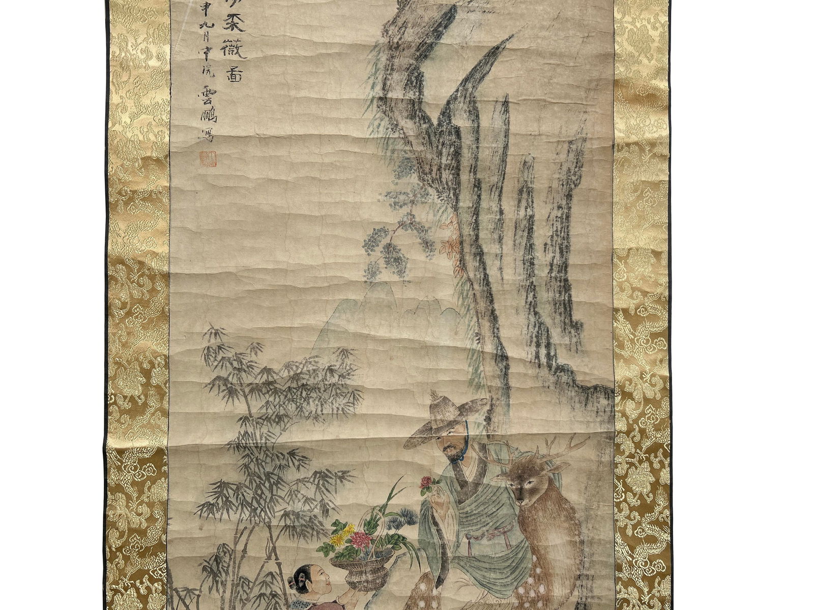 Chinese Ink Brush Kid Old Man Deer Scenery Scroll Painting Wall Art - 4