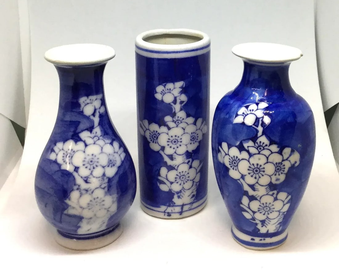 Antique Japanese Miniature Apple Blossom Bud Vases - Set of 3 - 13