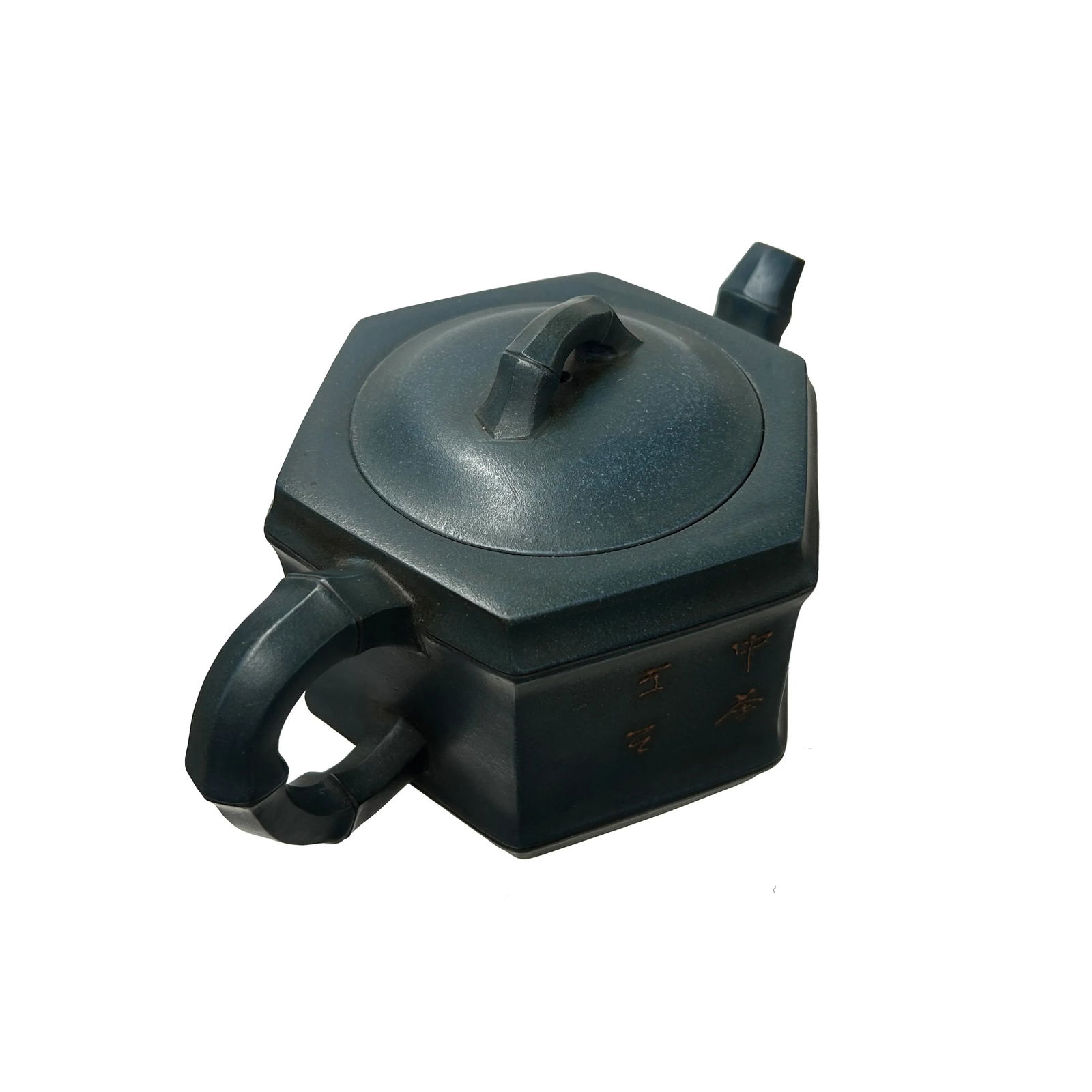 Vintage Chinese Gray Blue Hexagonal Bamboo Theme Zisha Clay Teapot Art Display - 5