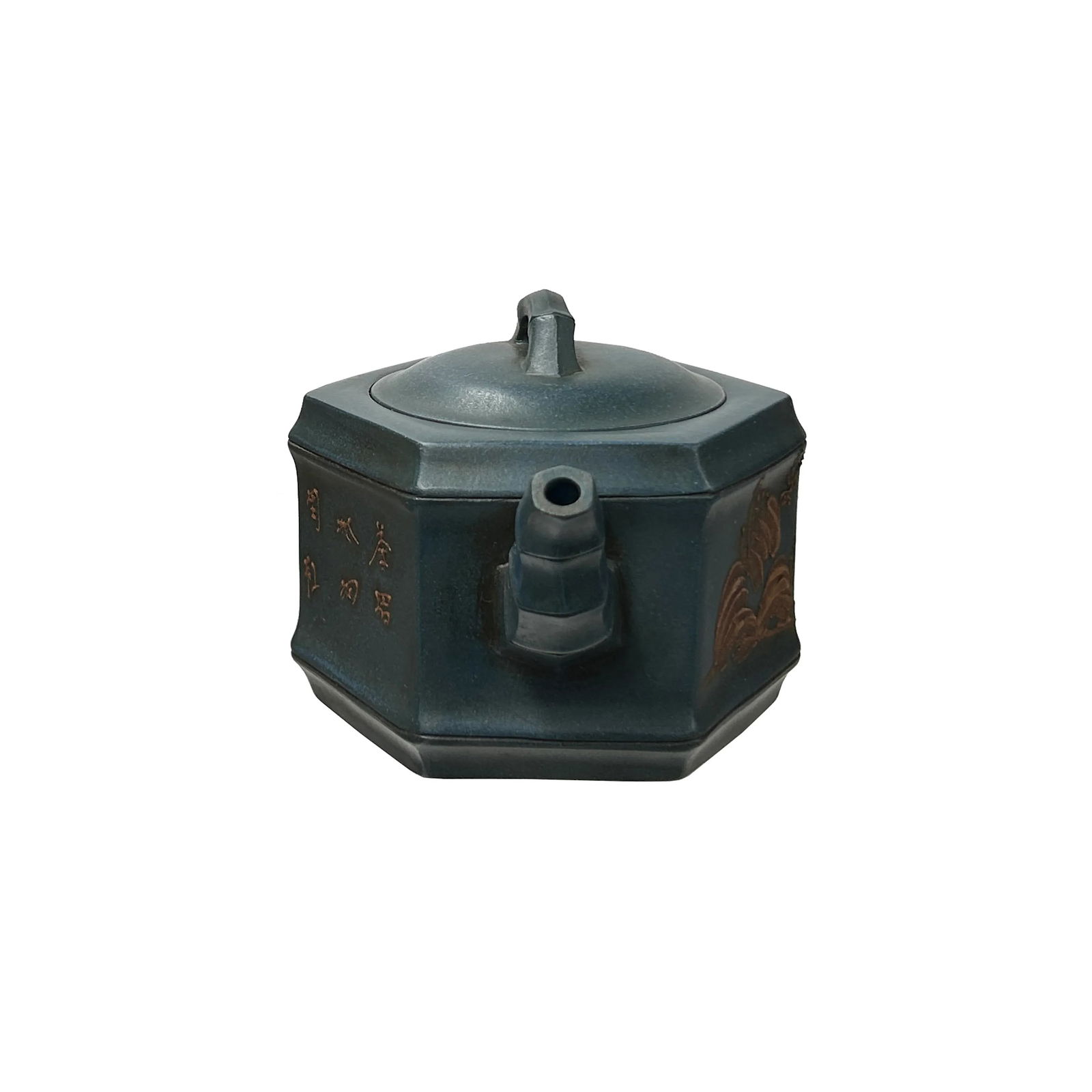 Vintage Chinese Gray Blue Hexagonal Bamboo Theme Zisha Clay Teapot Art Display - 6