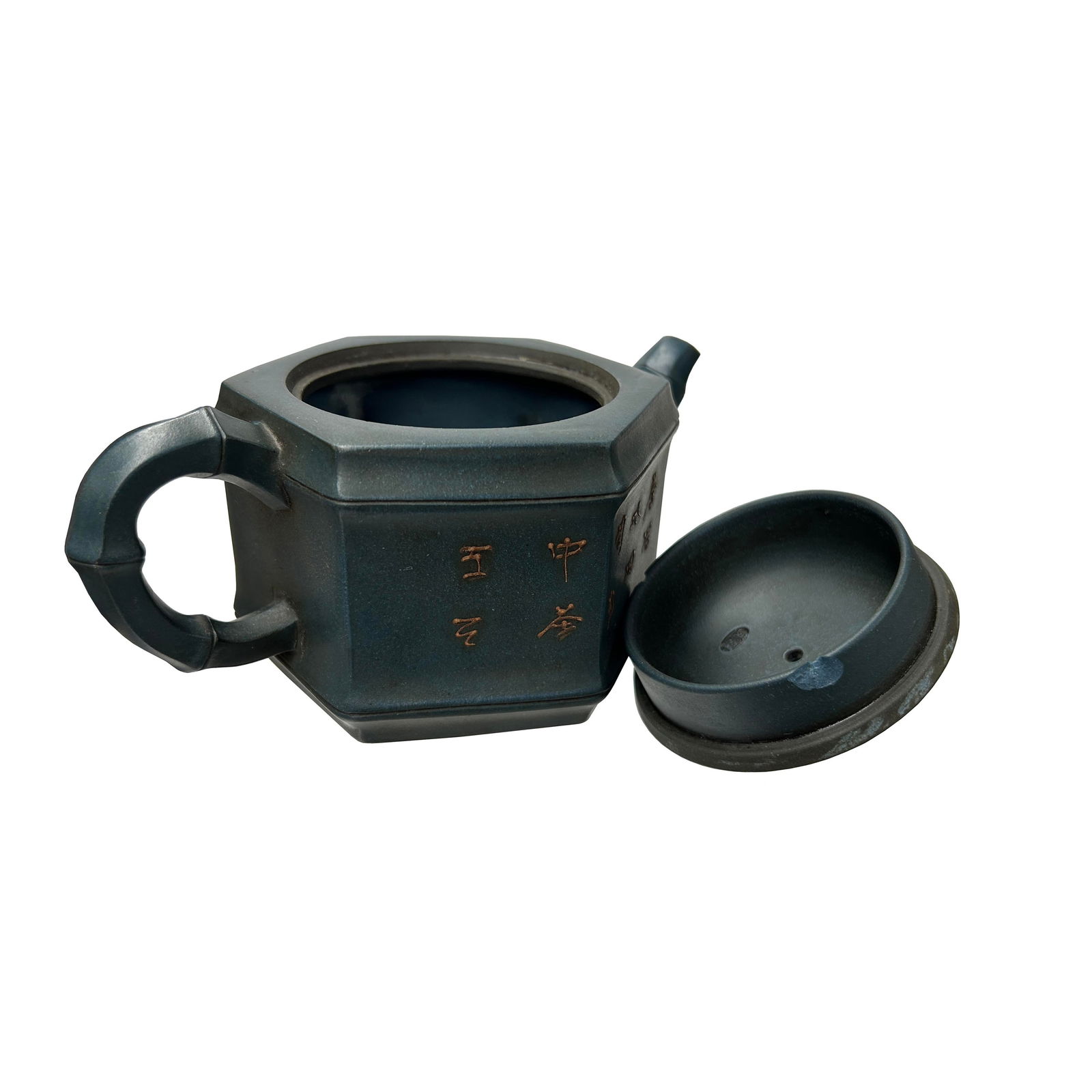 Vintage Chinese Gray Blue Hexagonal Bamboo Theme Zisha Clay Teapot Art Display - 8