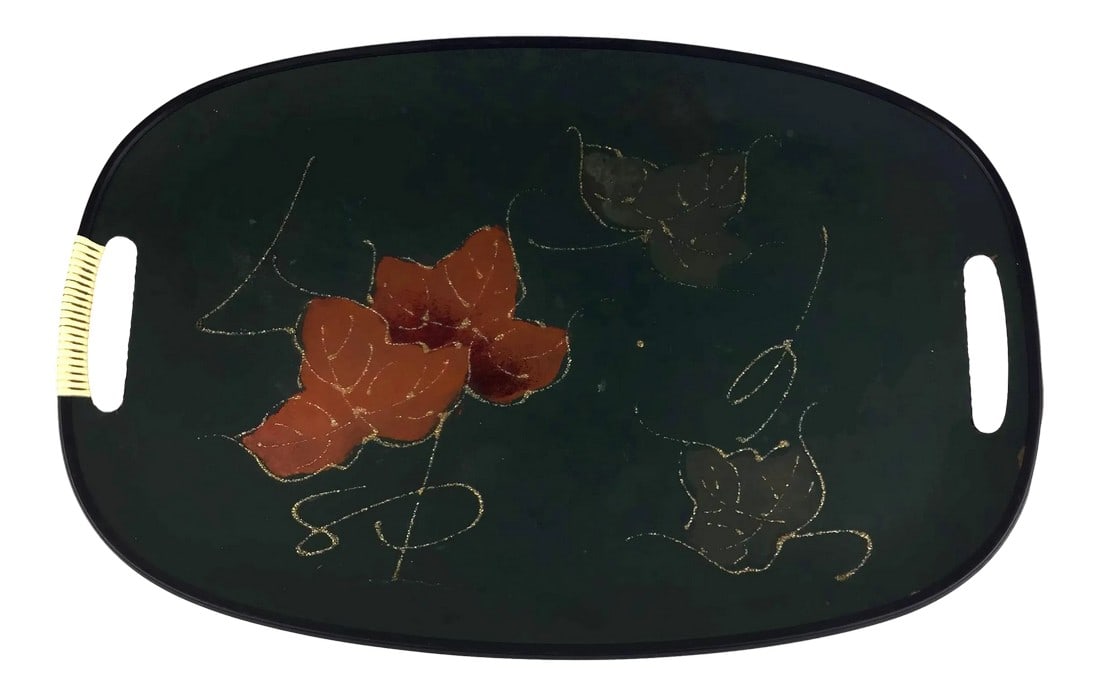 Antique Holly Decorated Hand Painted Serving Tray: Deep green with red holly and gold glitter. This tray has signs of wear but it sturdy enough to use or just hang on the wall for a splash of color and style. One handle has a Bakelite cover and the