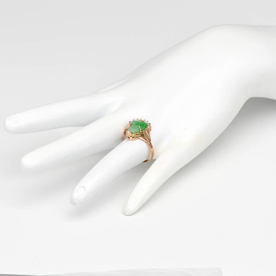 14KR Vintage Carved Jadeite & Cubic Zirconia Ring, size 6.5 - 5