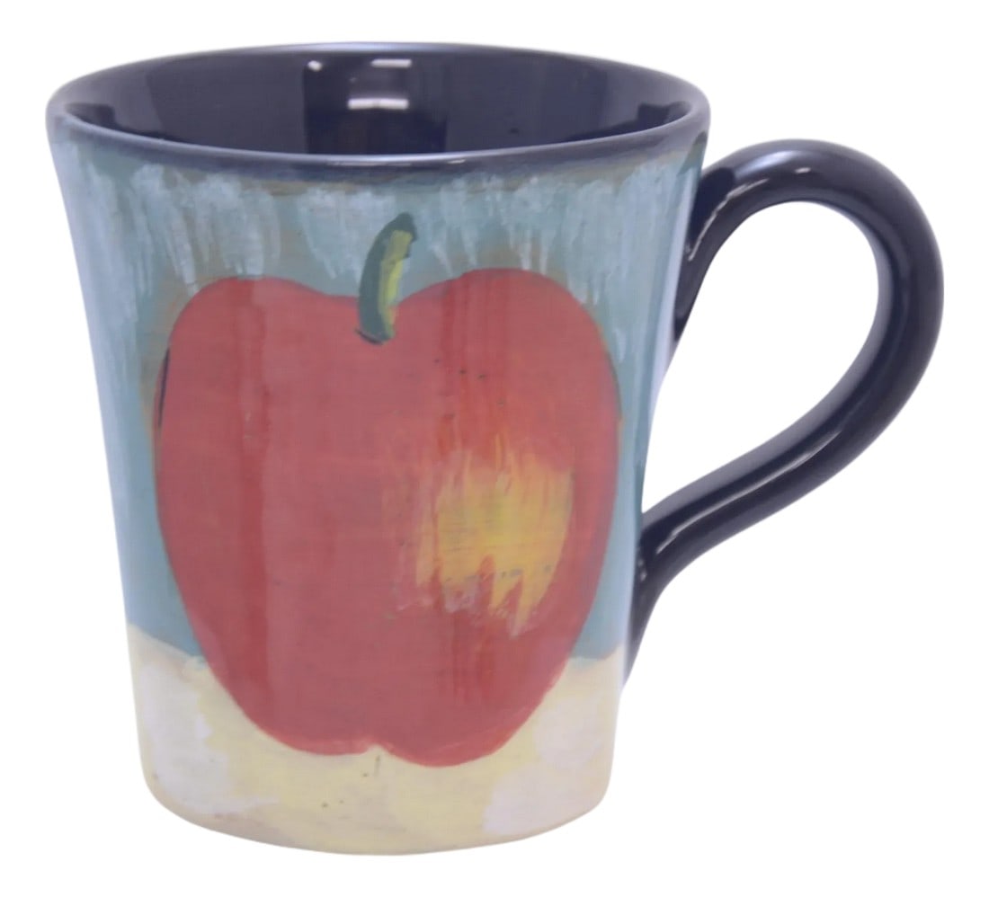 Hand Painted Italian Ceramic Apple Mug: Large four inch Italian ceramic apple mug by Vietri of Italy hand painted in red, black, blue, aqua, chartreuse green. Marked "Vietri; Made in Italy." Light wear from retired retailers warehouse. 