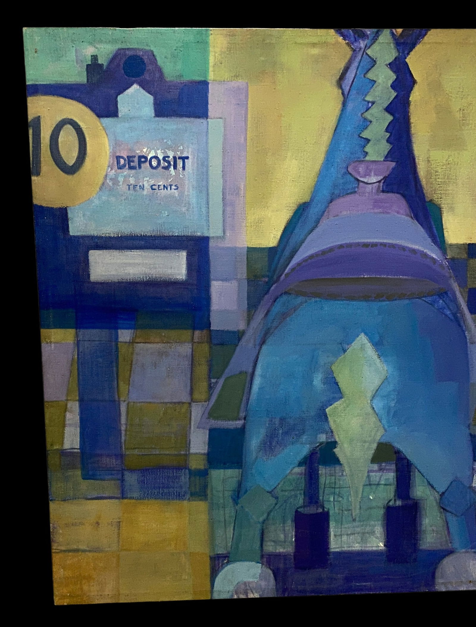 Large 1970s Bauhaus Cubist Surrealist Abstract Painting of Horses in Blues and Yellows Signed - 3