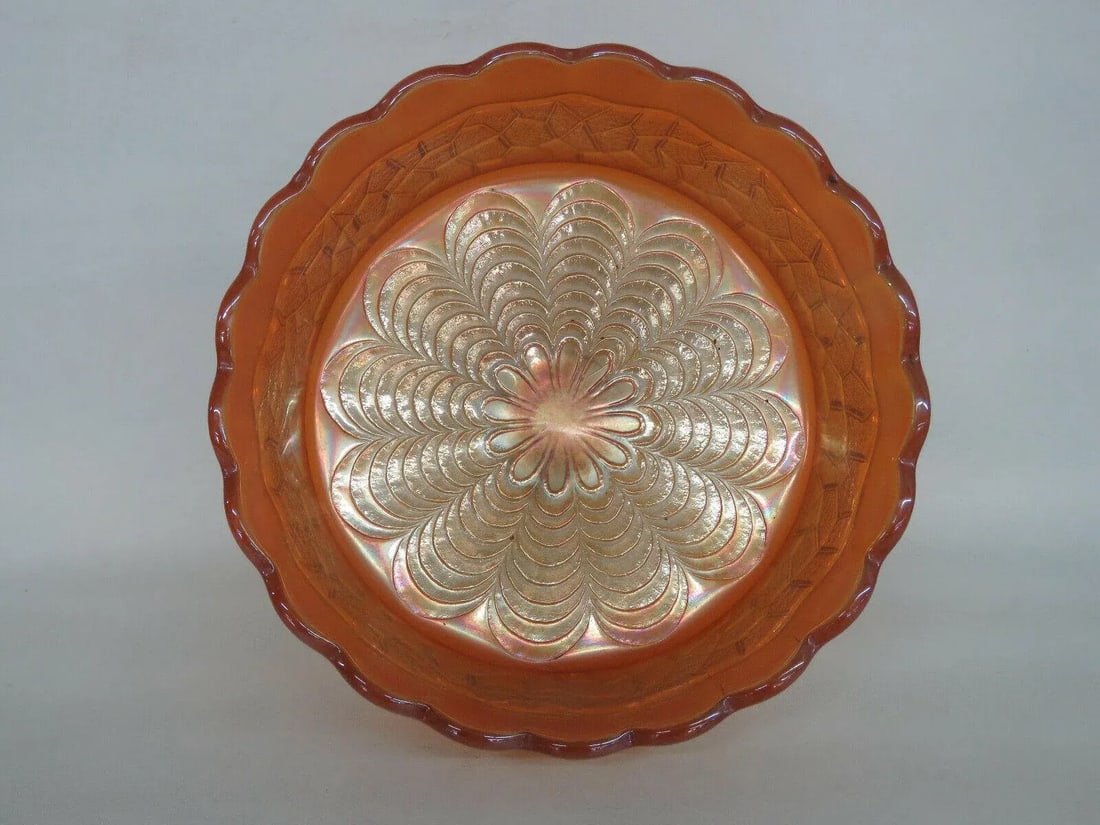 Dugan Maple Leaf Marigold Carnival Glass Peacock Feather Large Berry Bowl - 6
