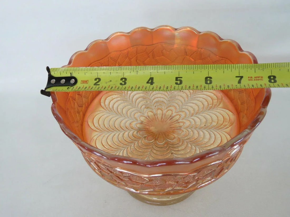 Dugan Maple Leaf Marigold Carnival Glass Peacock Feather Large Berry Bowl - 9