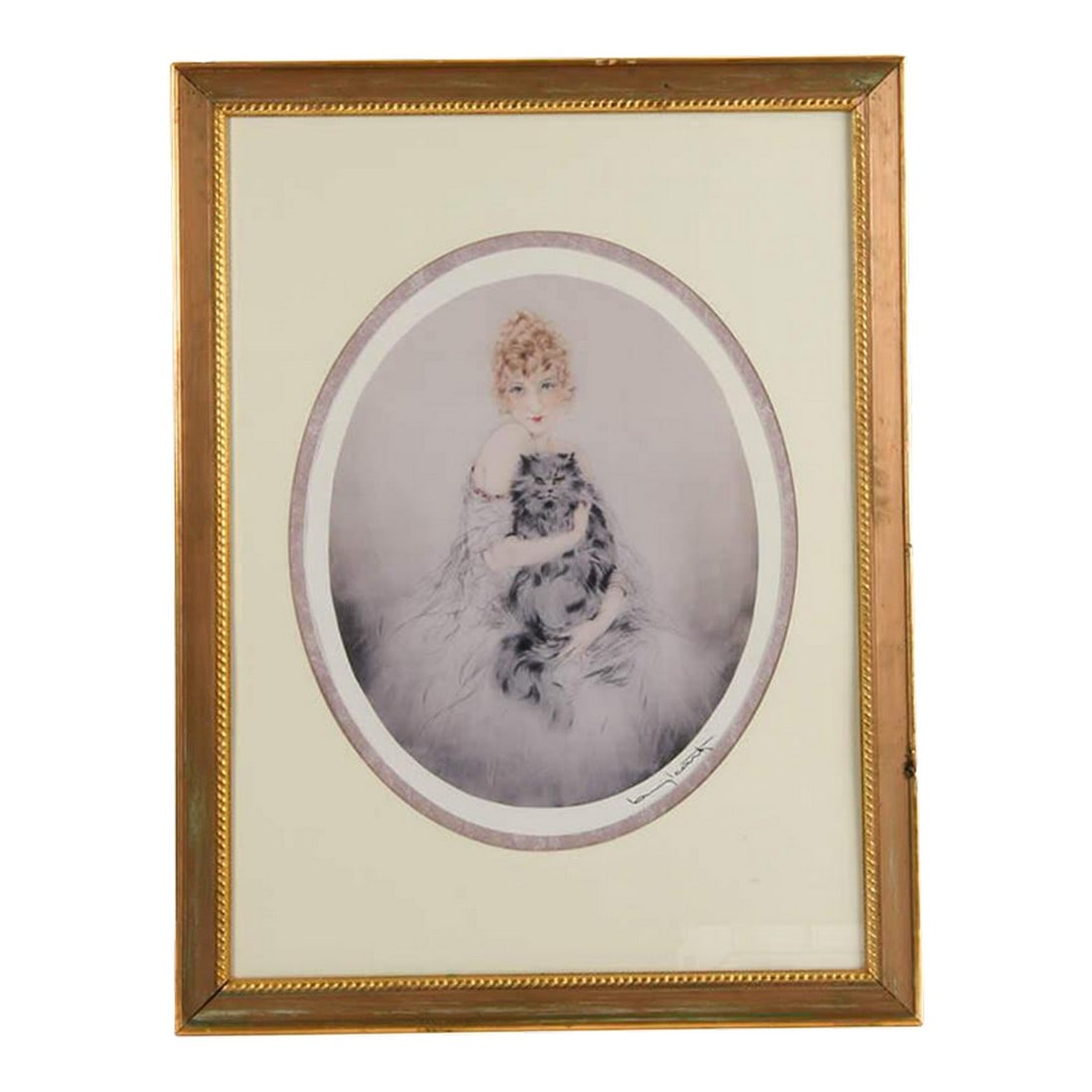 Early 20th Century Framed Louis Icart "Madame and Cat" Print: Delicate and romantic, this print by renowned French artist Louis Icart captures a graceful woman in a plume of soft feathers, tenderly holding a long-haired cat. Icart's hallmark style - elegant,