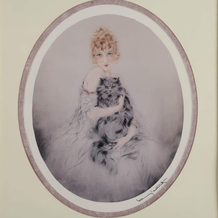Early 20th Century Framed Louis Icart "Madame and Cat" Print - 2