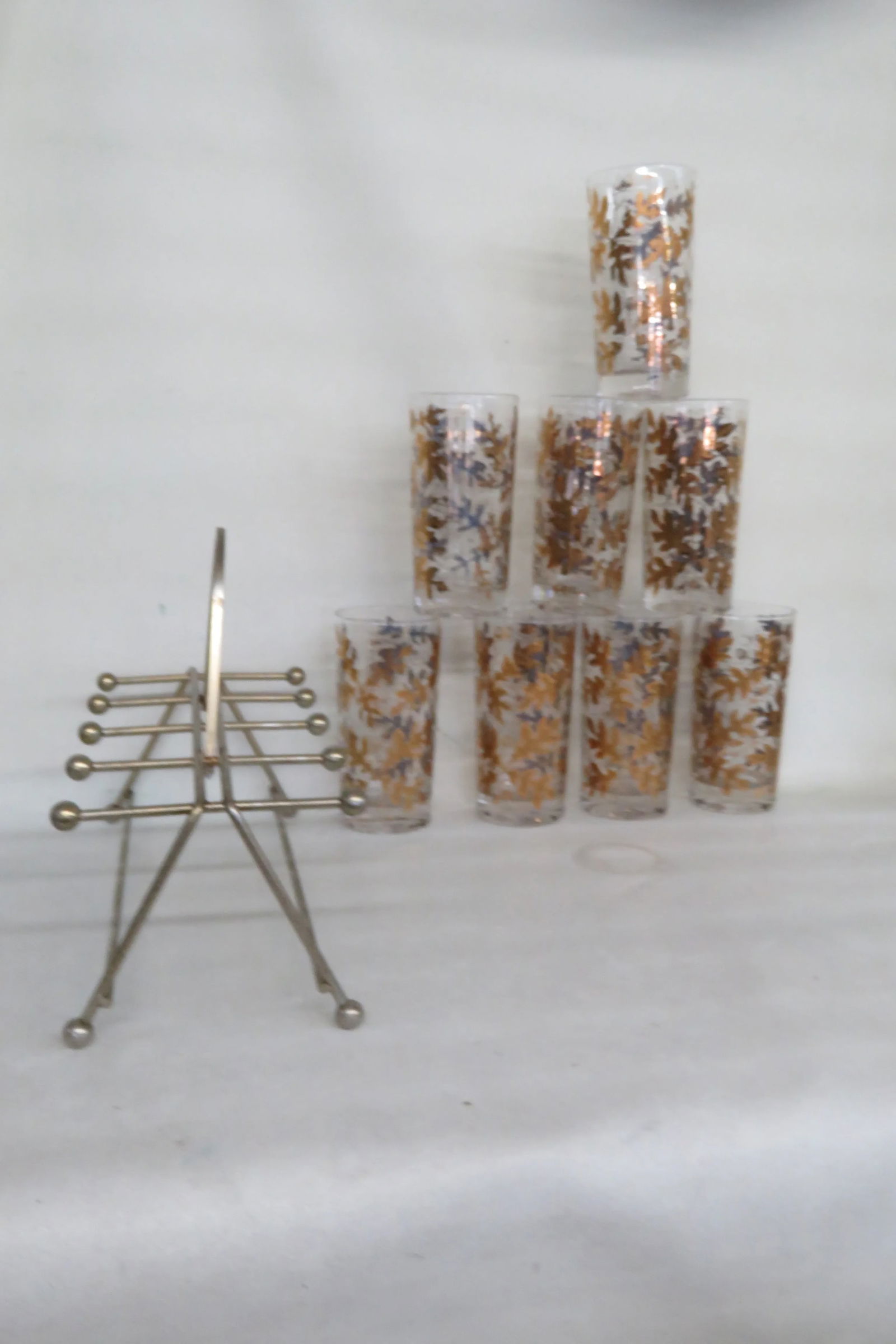 Mid Century Highball 8 Glass Cups Gold Oak Leaf Acorn Pattern W Caddy 4439b - 10