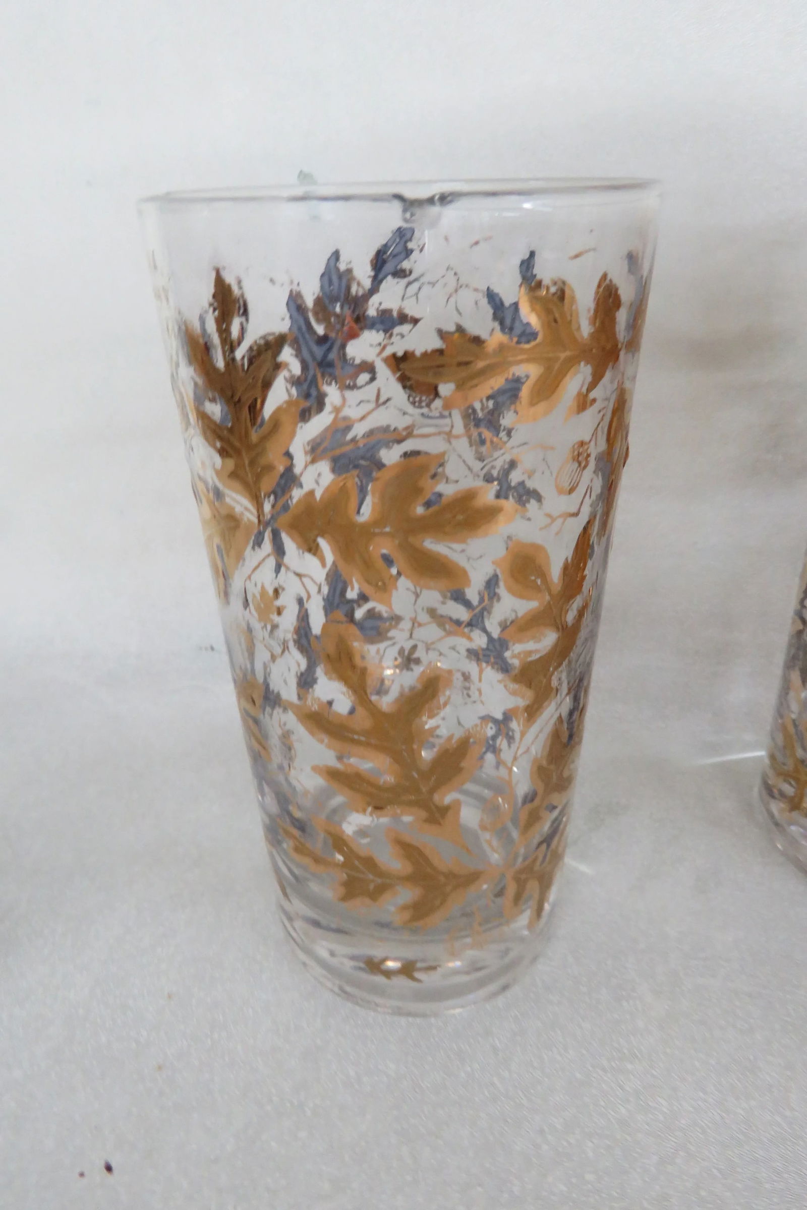 Mid Century Highball 8 Glass Cups Gold Oak Leaf Acorn Pattern W Caddy 4439b - 11