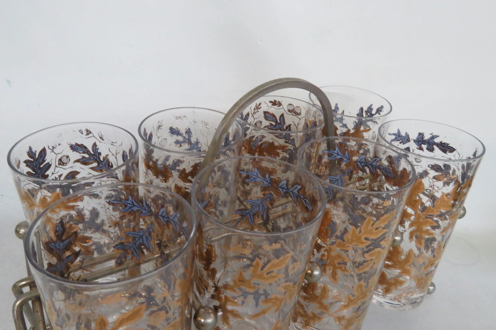 Mid Century Highball 8 Glass Cups Gold Oak Leaf Acorn Pattern W Caddy 4439b - 14