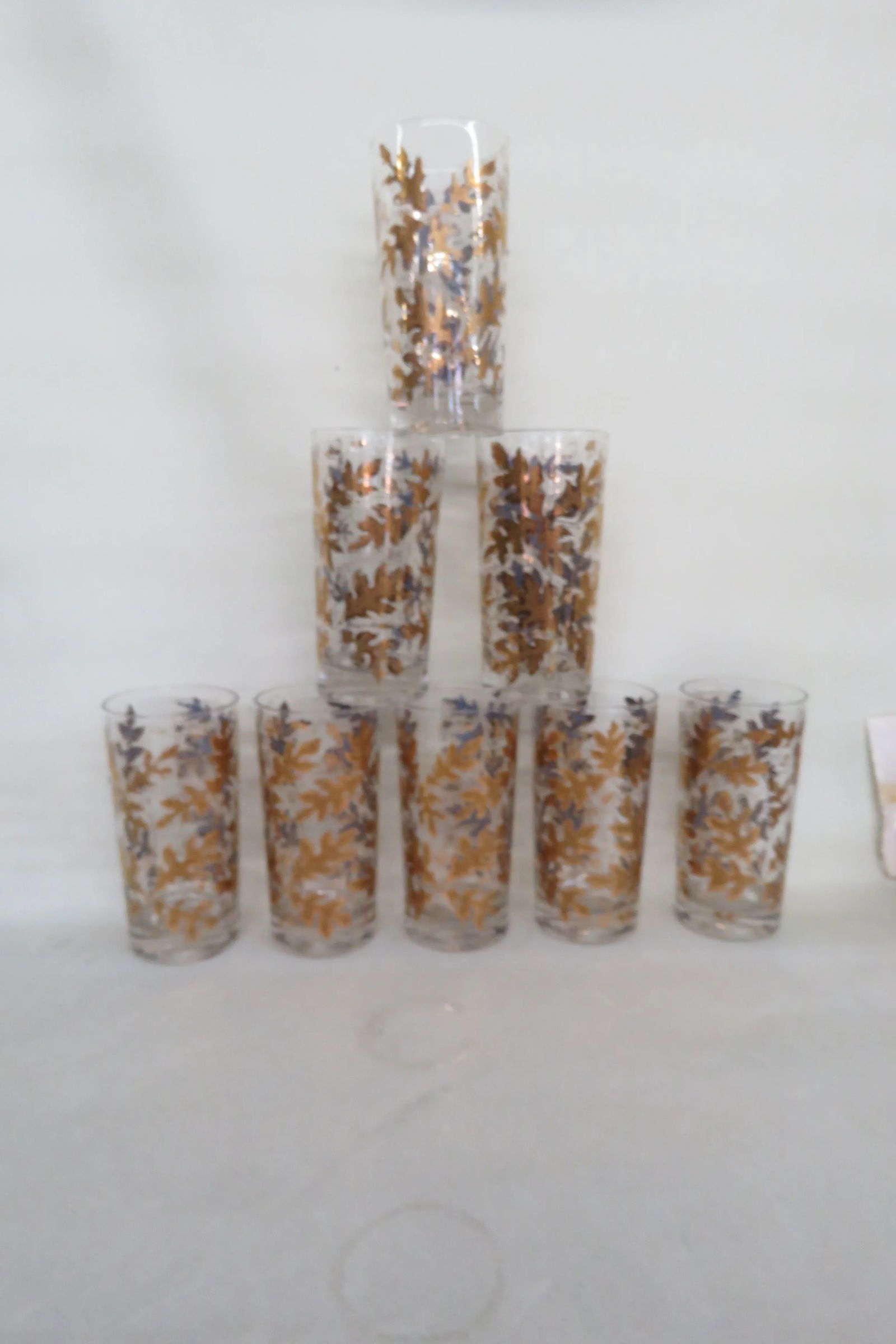 Mid Century Highball 8 Glass Cups Gold Oak Leaf Acorn Pattern W Caddy 4439b - 15