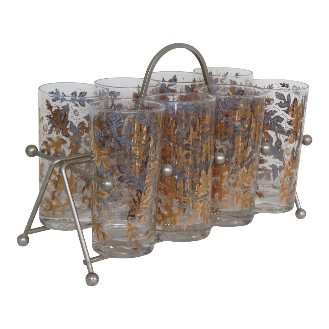 Mid Century Highball 8 Glass Cups Gold Oak Leaf Acorn Pattern W Caddy 4439b (1 of 16)