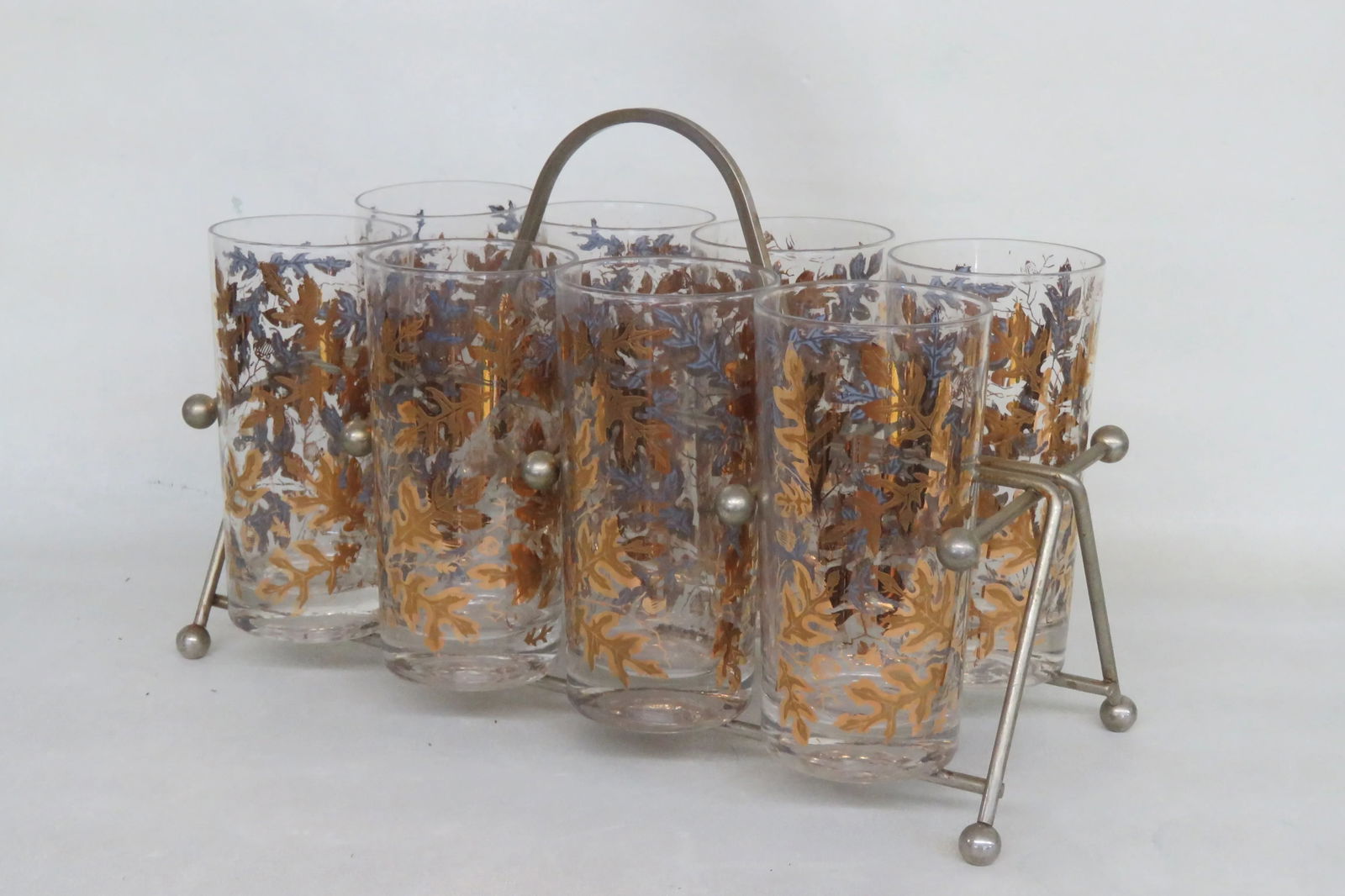 Mid Century Highball 8 Glass Cups Gold Oak Leaf Acorn Pattern W Caddy 4439b - 2