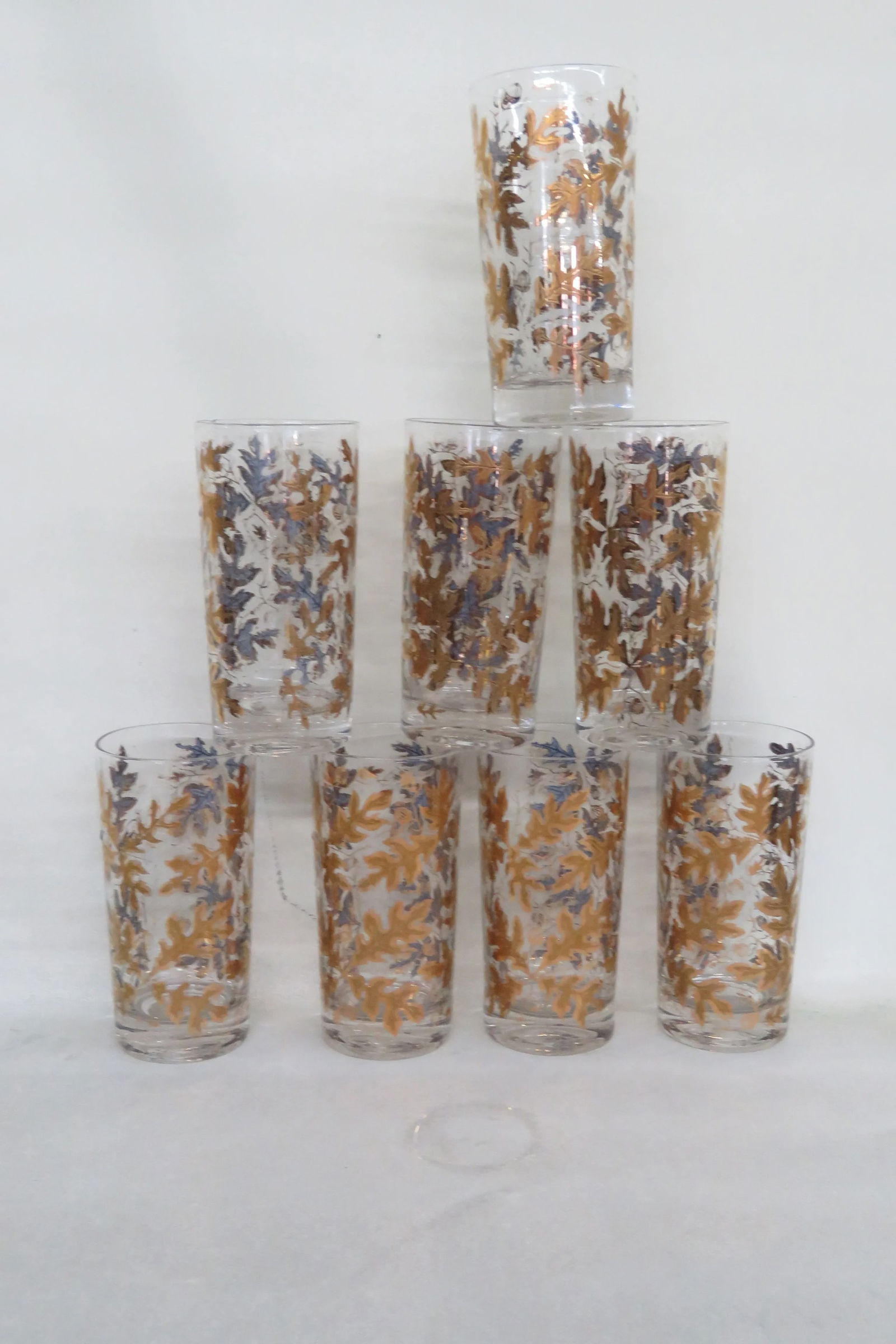 Mid Century Highball 8 Glass Cups Gold Oak Leaf Acorn Pattern W Caddy 4439b - 4