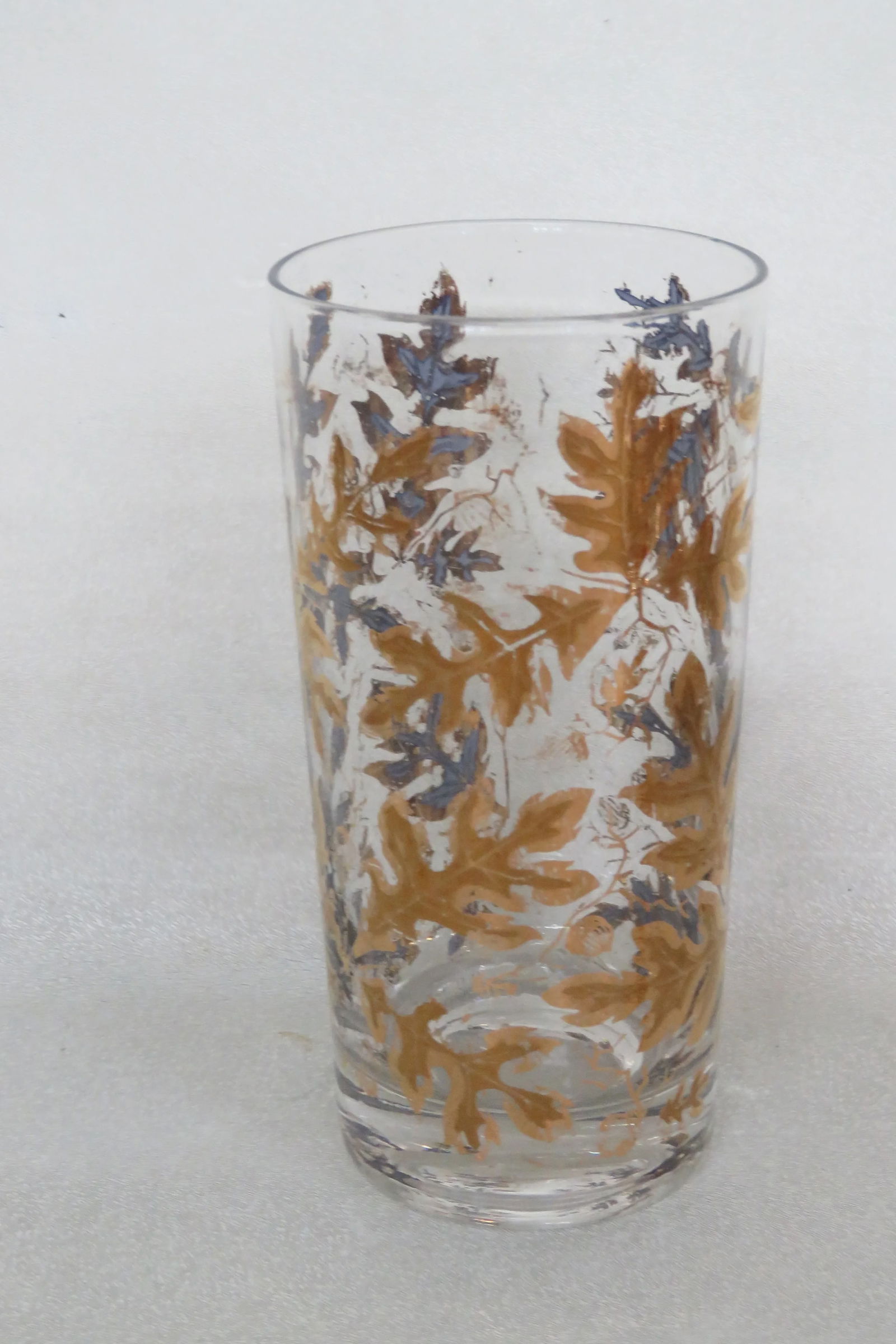 Mid Century Highball 8 Glass Cups Gold Oak Leaf Acorn Pattern W Caddy 4439b - 7