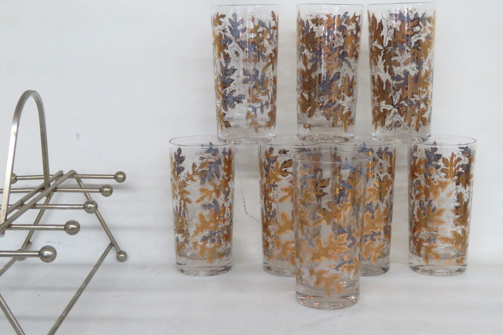 Mid Century Highball 8 Glass Cups Gold Oak Leaf Acorn Pattern W Caddy 4439b - 9