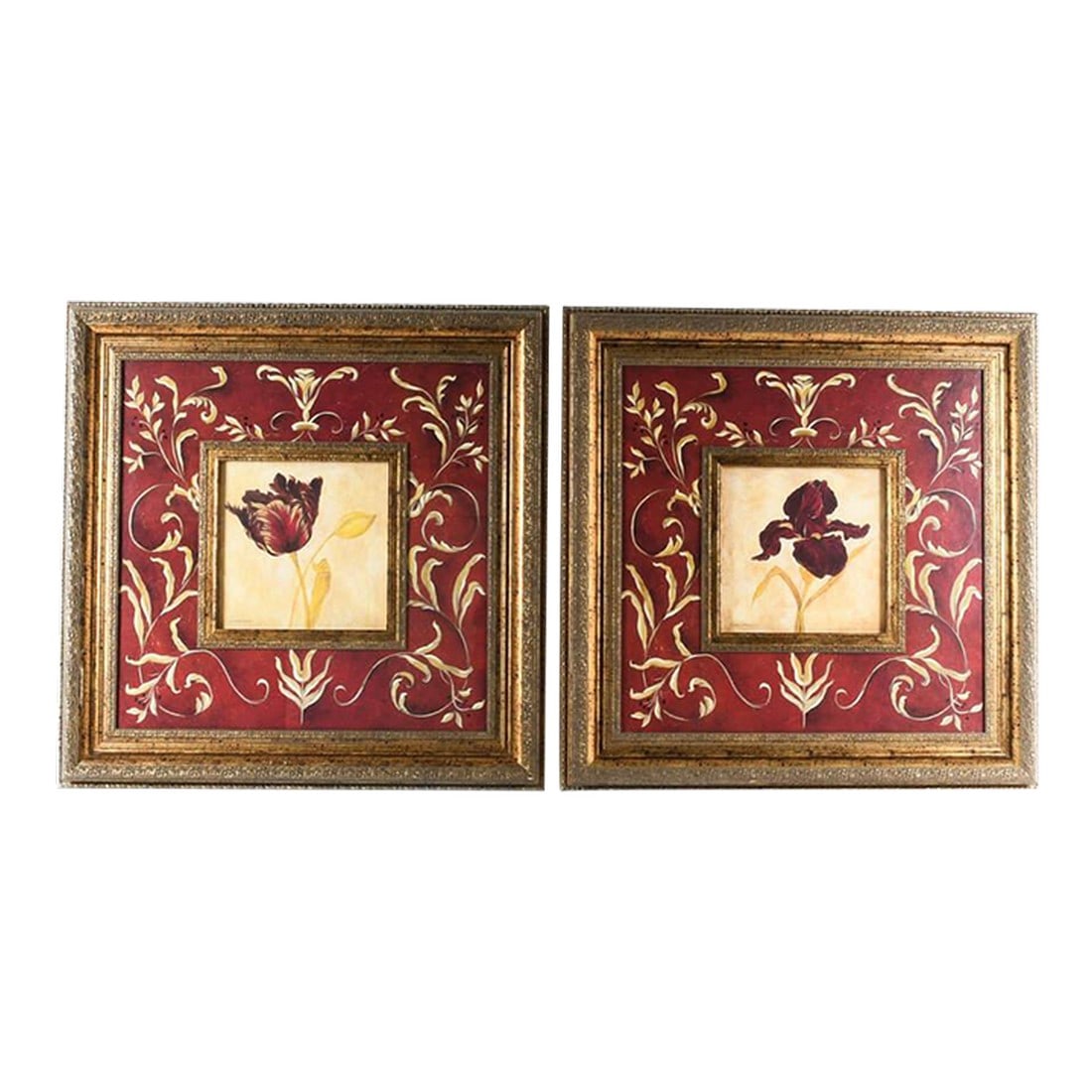 Pair of Framed Laurel Lehman Red Iris and Tulip Floral Prints: Enhance your home decor with this elegant pair of framed floral prints by renowned artist Laurel Lehman. Featuring a striking red iris and tulip, these prints are beautifully set against a rich