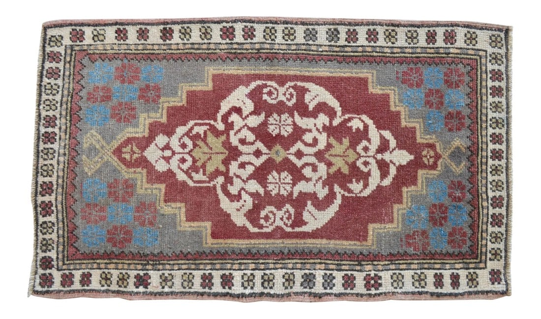 Distressed Low Pile Turkish Yastik Petite Rug Hand Knotted Faded Mat - 24"³ X 41"³: Vintage Turkish hand-knotted small rug from the Aegean region, 1960, featuring warm brick-red tones and authentic village craftsmanship â€” clean, ready to place, perfect for bedside