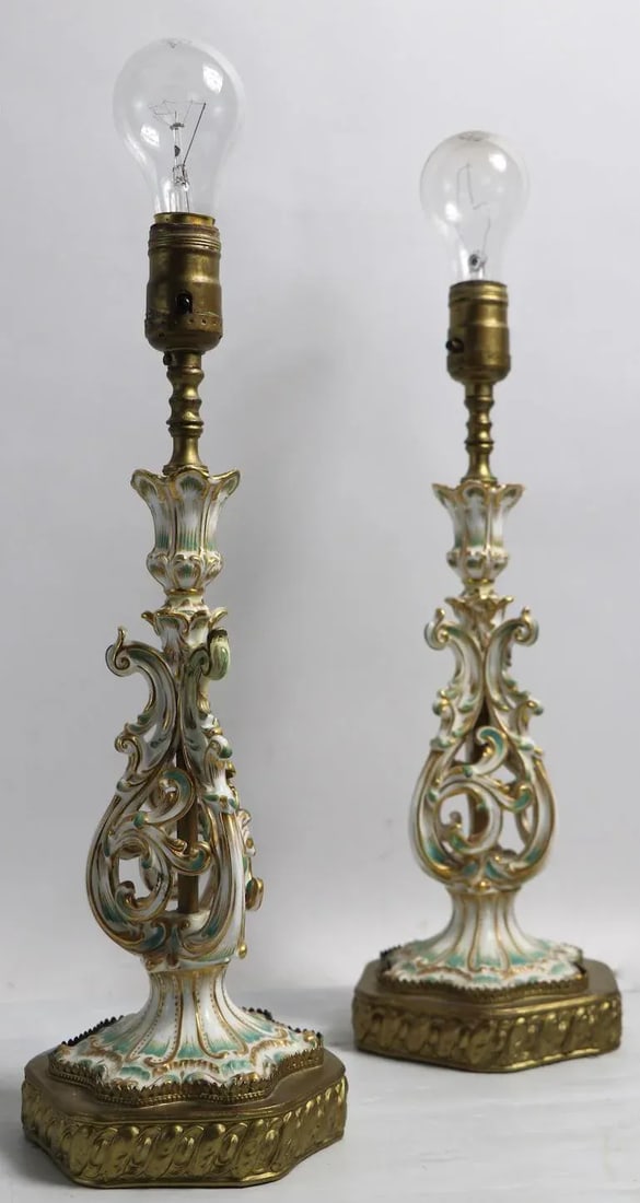 Pr. Porcelain Candlestick Boudoir Lamps Poss. Dresden or Meissen - 5