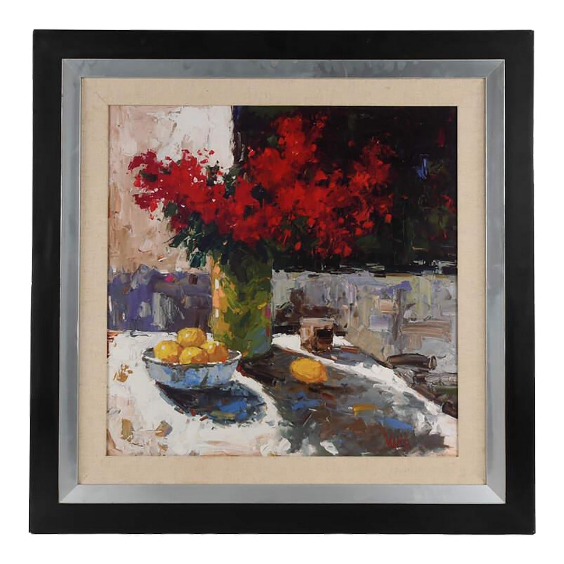 Framed Mira Still Life With Red Flowers and Lemons Print: Bright and expressive, this framed Mira Still Life with Red Flowers and Lemons Print captures the vibrancy of everyday beauty. The bold strokes of red blossoms contrast elegantly against the soft