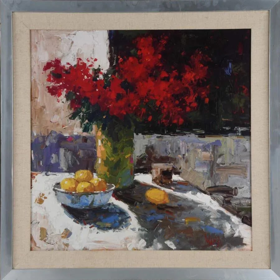 Framed Mira Still Life With Red Flowers and Lemons Print - 2