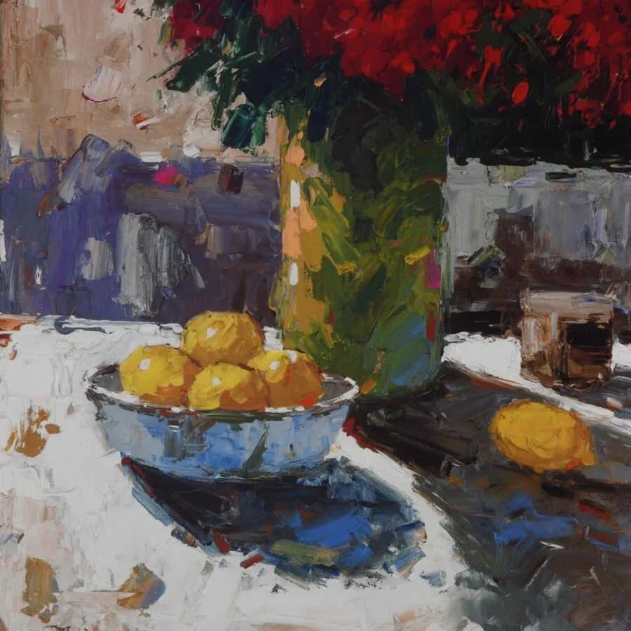 Framed Mira Still Life With Red Flowers and Lemons Print - 4