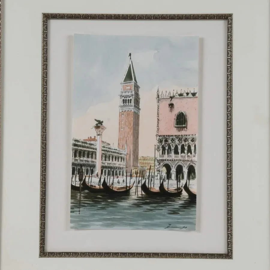 Framed Watercolor of Venice Italy - 2