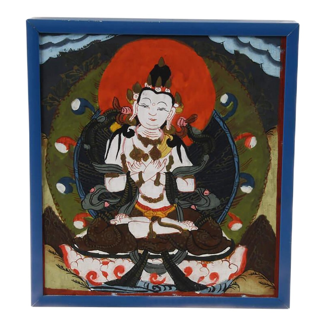 Tibetan Thangka Painting on Cloth of Dorje Sempa: This Tibetan Thangka Painting on Cloth of Dorje Sempa (Vajrasattva) is a captivating depiction of the bodhisattva of purification and wisdom. Rich in symbolism and vibrant in color, the sacred figure